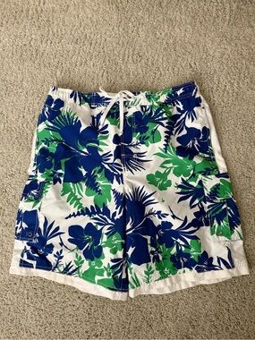 Roundtree & Yorke White Swim Board Shorts with Blue and Green Floral Print